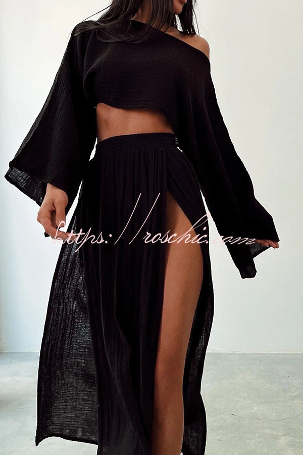 Boho Beach Linen Blend Wide Sleeve Blouse and Elastic Waist Double Slit Skirt Set