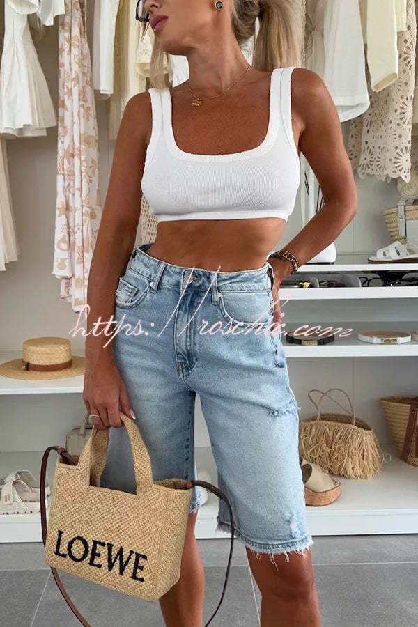 Fashion Denim Pocket Frayed Bermuda Shorts