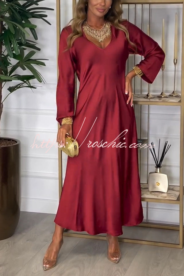 Solid Color V-neck Long-sleeved Loose Draped Maxi Dress