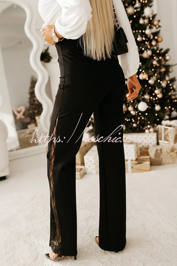 Joelie High Rise Elastic Waistband Side Lace Patchwork Flare Pants