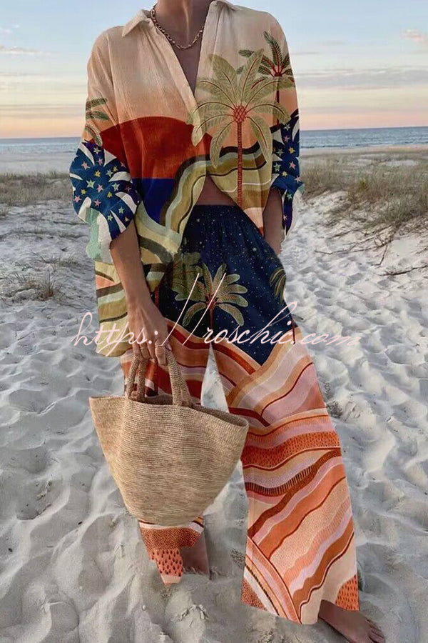 Sunset Atmosphere Palm Print Oversized Blouse and Elastic Waist Pocketed Pants Set