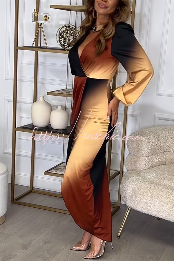 Romantic Sunset Gradient Print Ruched Balloon Sleeve Slit Maxi Dress