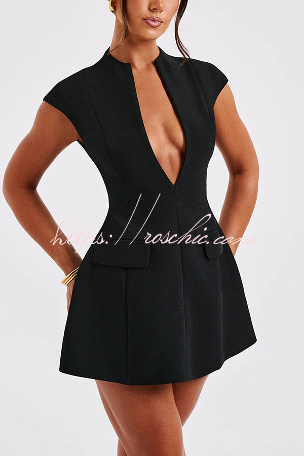 Simple Yet Chic Cap Sleeve V Neck Bubble-shaped Mini Dress