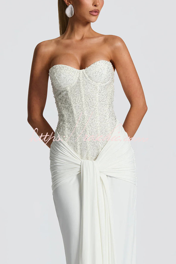Carina Sequined and Satin Jersey Off Shoulder Ruched Knot Drape Maxi Dress