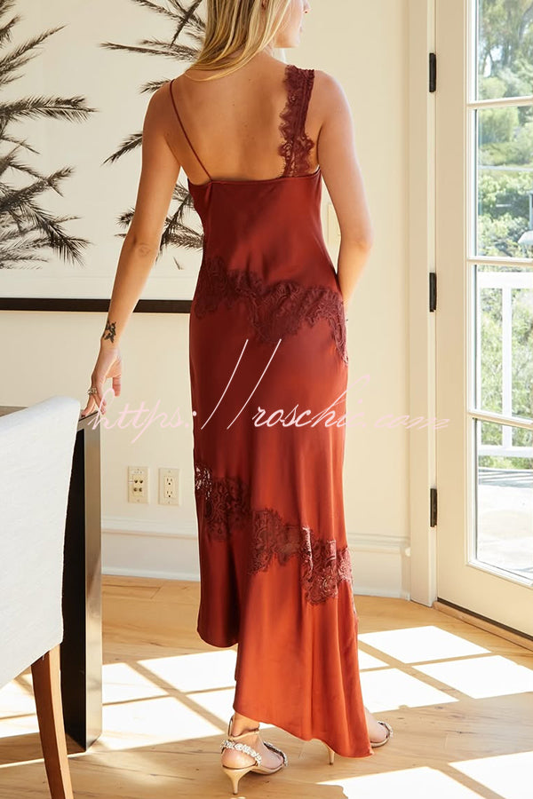 Sexy Lace Stitching Suspender V-neck Asymmetrical Maxi Dress