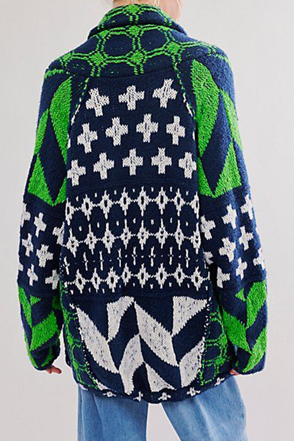 Unique Pattern Lapel Loose Long-sleeved Knitted Sweater