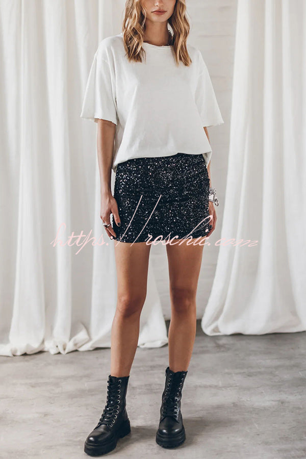 Best Item Sequin Side Ruched Elastic Waist Stretch Mini Skirt