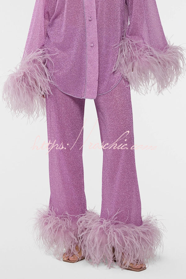 Glitter Fabric Feather Trim Long Sleeve Button Top and Elastic Waist Loose Straight Pants Set