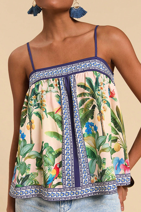 Tropical Print Casual Halter Backless Loose Top