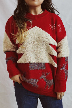 Christmas Pattern Knitted Crew Neck Long Sleeved Sweater