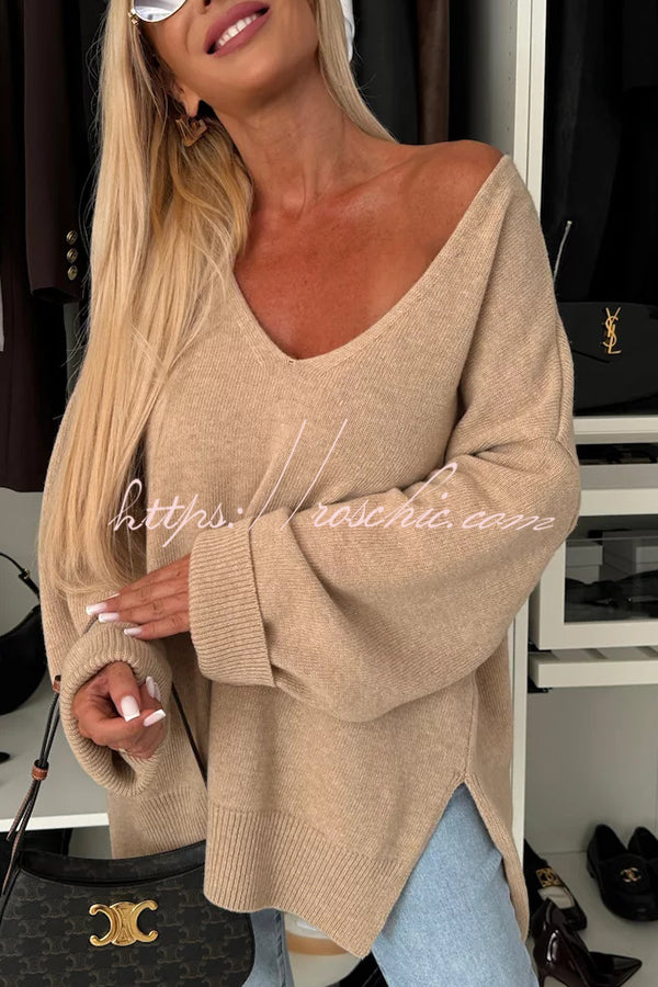 Cold Weather Knit Solid Color Long Sleeve V-neck Irregular Relaxed Sweater