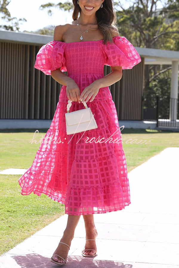 Dare To Dance Square Pattern Fabric Smocked Puff Sleeve Midi Dress