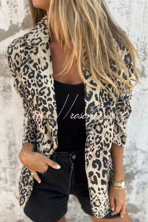 Leopard Print Lapel Long Sleeve Casual Blazer