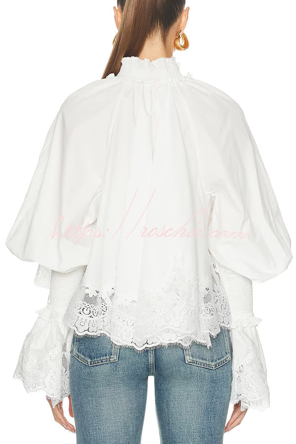 Court Style Lace Trim Stand Neck Balloon Sleeve Cape Blouse – roschic