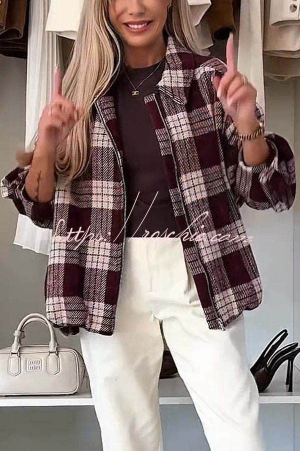 Fashion Plaid Print Lapel Long Sleeve Loose Zipper Jacket