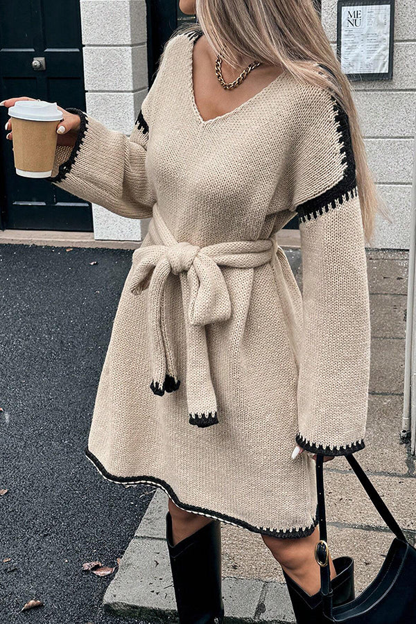 Stylish Loose-fitting Long-sleeved Tie-waist Knit Mini Dress