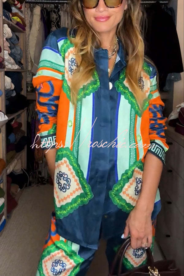 Vacation Times Satin Unique Print Button Down Oversized Blouse