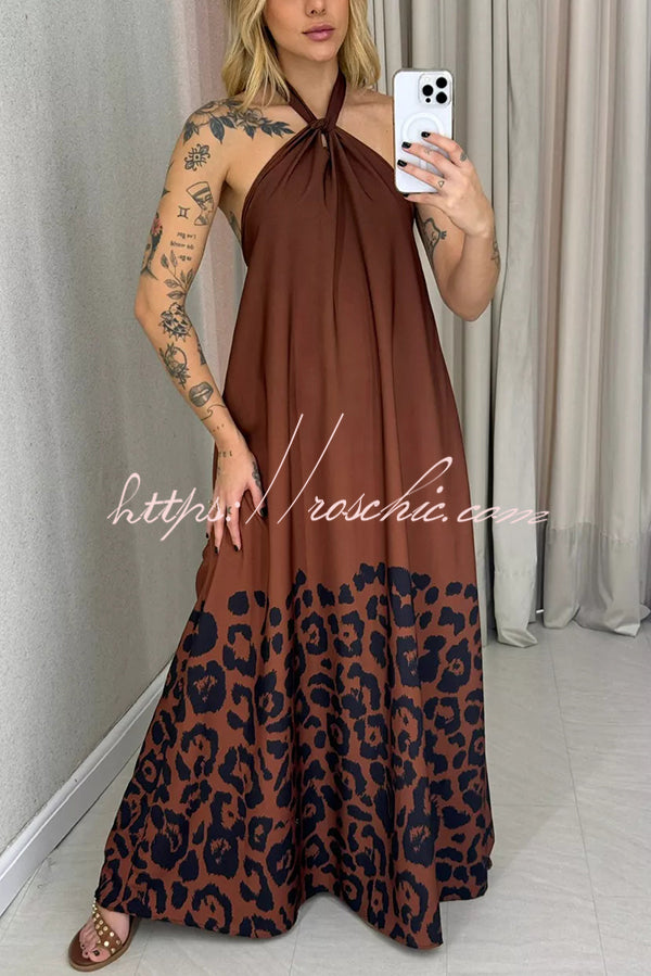 Leopard Print Sexy Halter Neck Backless Loose Maxi Dress