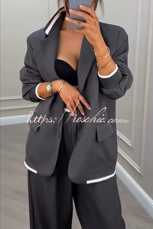 Fashion Sports Style Ribbed Colorblock Lapel Blazer and Elastic Waist Pocket Loose Pants Set