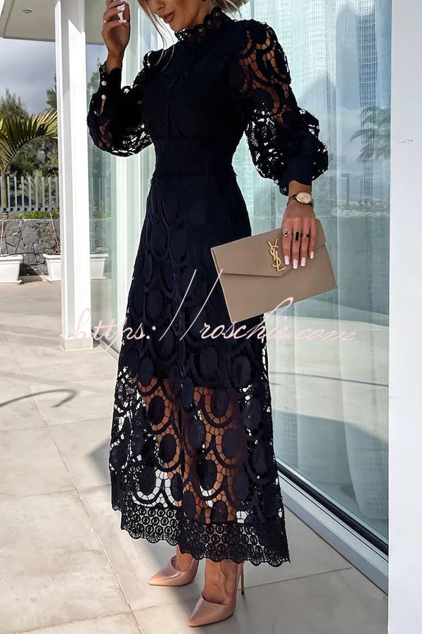 Romantic, Sensual and Elegant Crochet Lace Lantern Sleeve Party Midi Dress