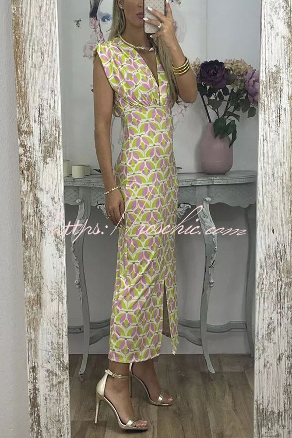 Forever Here Printed Padded Shoulder Front Center Slit Midi Dress