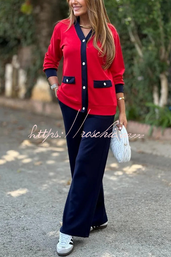 Stylish Color-blocked V-neck Knitted Button-down Cardigan and Elastic Waist Casual Wide-leg Pants Set