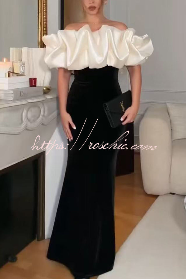 Cecily Velvet Off Shoulder Satin Structured Bardot Neck Stretch Maxi Dress