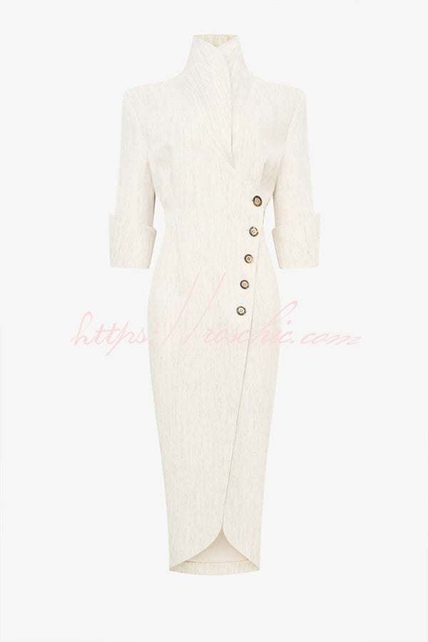 Elegant Look Linen Blend Stand Lapel Neck Half Sleeve Side Button Midi Dress