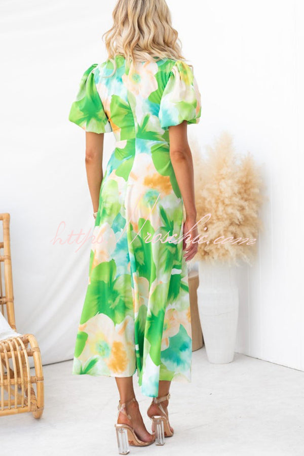 Sophia Floral Print Satin Puff Sleeve Twist Bust Cutout Midi Dress