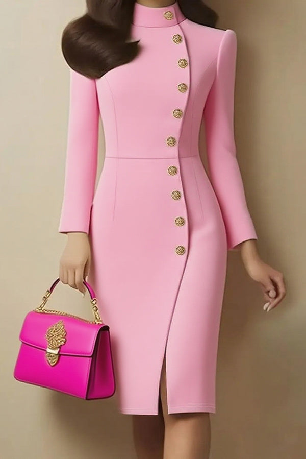 Solid Color Stand Collar Metal Button Slim Midi Dress