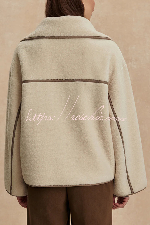 Romane Faux Fleece Fabric Contrast Trim Long Sleeve Knitted Pocket Lapel Loose Jacket