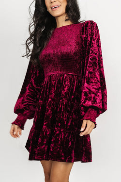 Solid Velvet Long Sleeve Crew Neck Smocked Ruffle Mini Dress