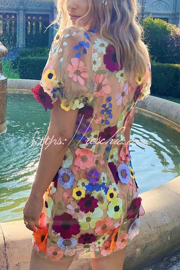 Garden Gala Embroidered Floral Applique Puff Sleeve Mini Dress