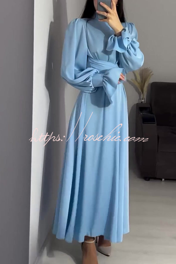 Solid Color Ruffled Sleeves Waisted Tie Slim Fit Maxi Dress