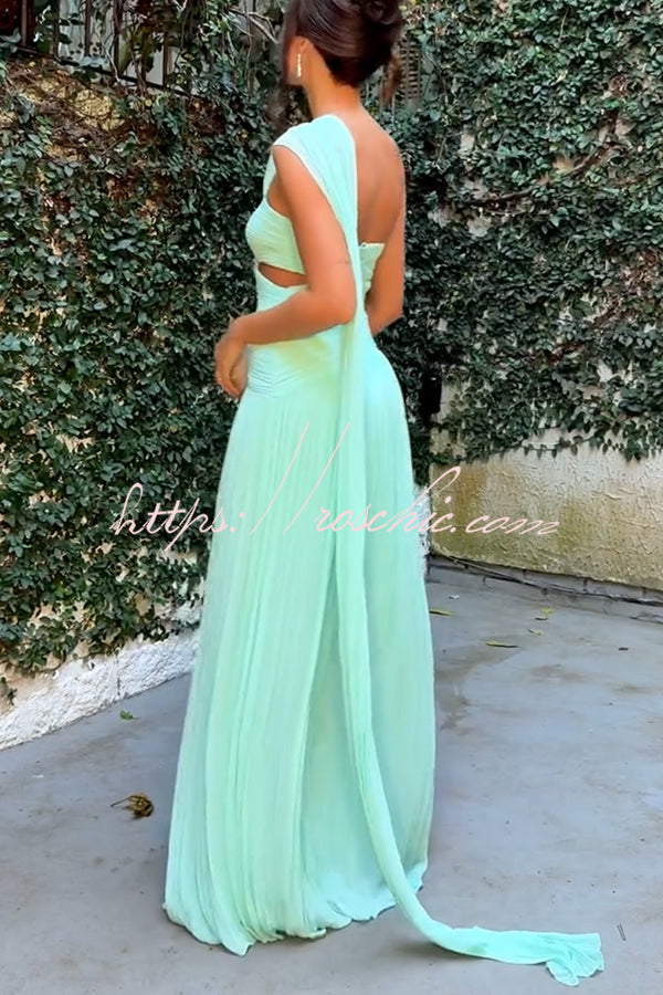 Forest Muse Chiffon Pleated Off Shoulder Cutout Waist Cape Maxi Dress