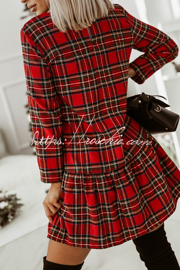 Fashionable Plaid Print Long Sleeve Round Neck Slim Fit Mini Dress