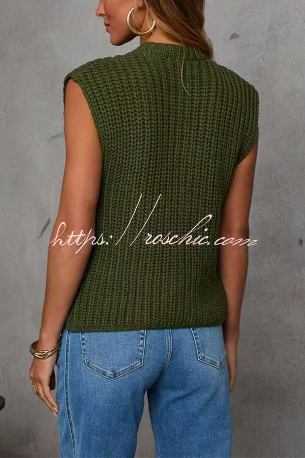 Solid Color Sleeveless Button Pocket Knit Vest