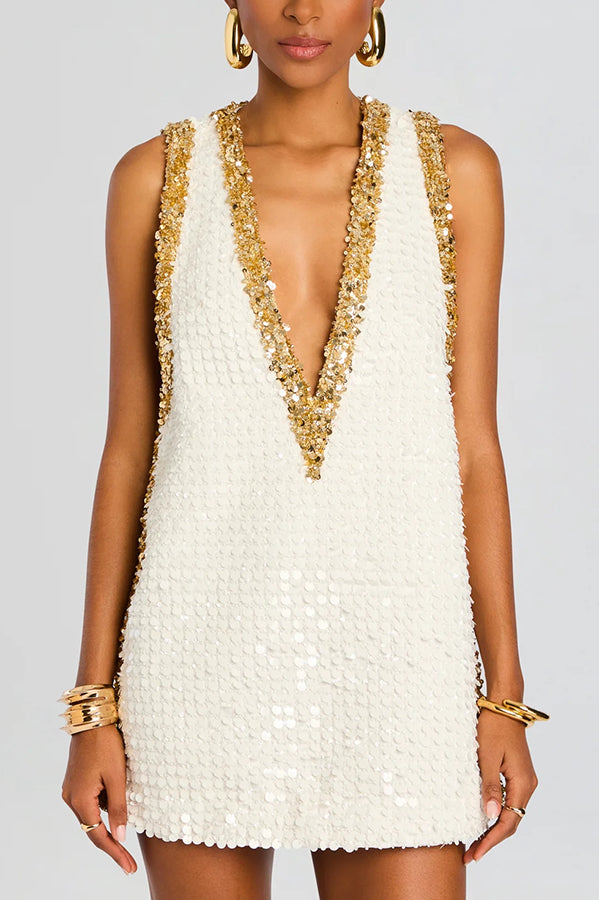 Cocktail Charm Sequin Colorblock Trim V-neck Sleeveless A-line Mini Dress (Shipped Within 24 Hours)