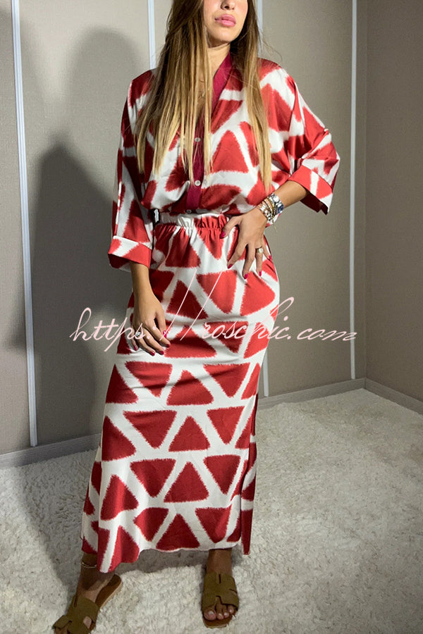 Harlen Satin Unique Printed Loose Shirt Top and Elastic Waist Maxi Skirt Set