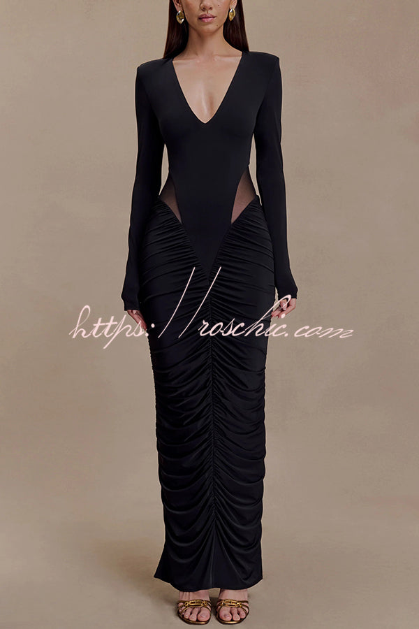 Sexy See-through Long-sleeved V-neck Pleated Slim-fit Maxi Dress