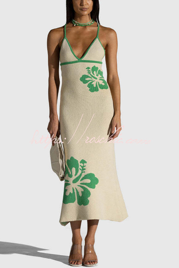 Midsummer Knit Floral Pattern Mermaid Hem Halterneck Stretch Midi Dress