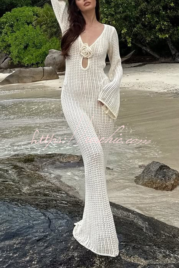 Bahamas Knit Long Bell Sleeve Sexy Backless Holiday Cover-up Maxi Dress