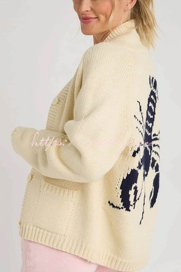 Fashion Lobster Pattern Casual Long Sleeve Knit Cardigan