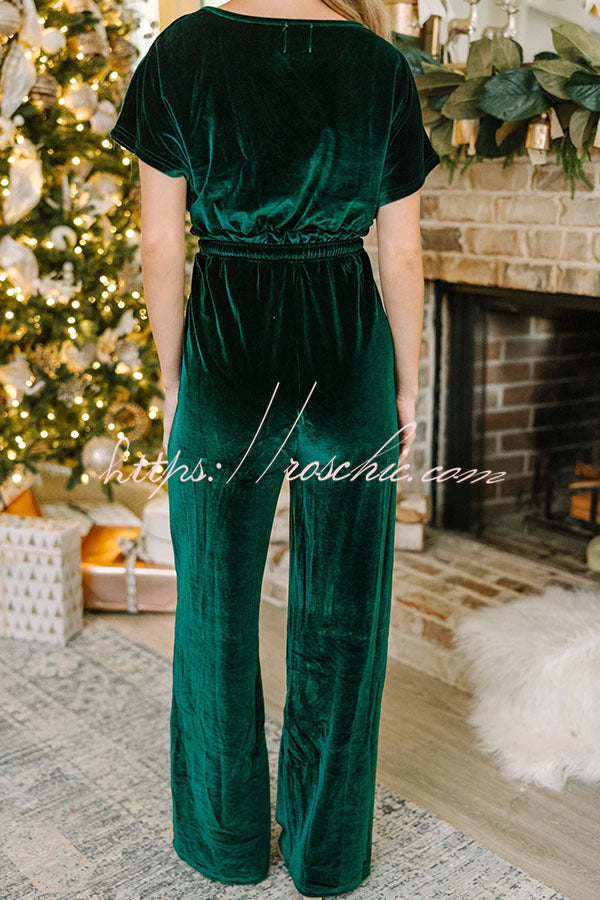 Holiday Star Velvet Lace Up Pocket Wide Leg Jumpsuit