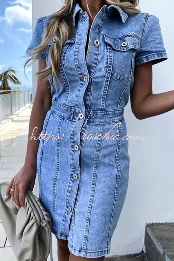 High Waist Single Breasted Denim Mini Dress