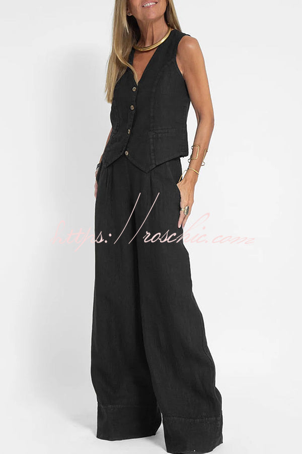 Eddie Linen Blend Button Vest and Elastic Waist Pocketed Wide Leg Pants Set