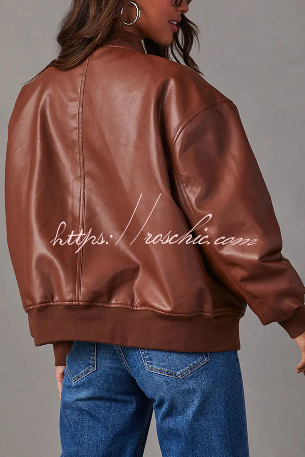 Solid Color Long Sleeve Loose Pocket Leather Jacket