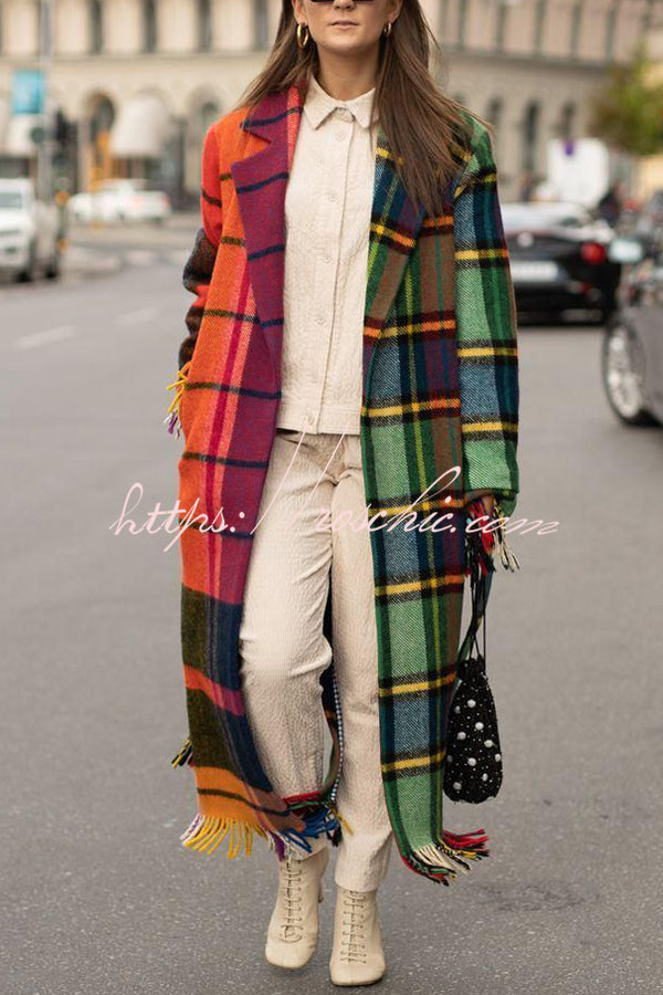 Fashionable Color-block Plaid Print Lapel Long-sleeved Casual Long Coat