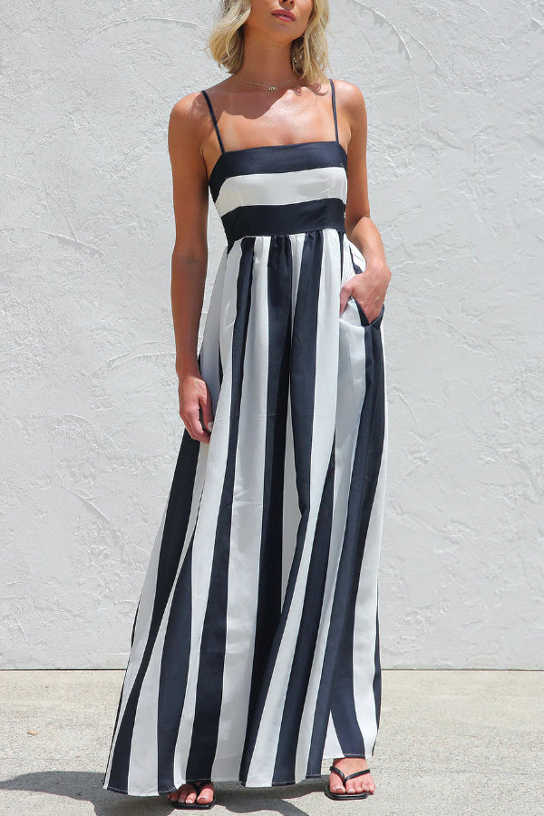 fitted lace wedding dress A-Line Casual Striped Maxi Dress with Shoulder Ties– PromGirl main image 0