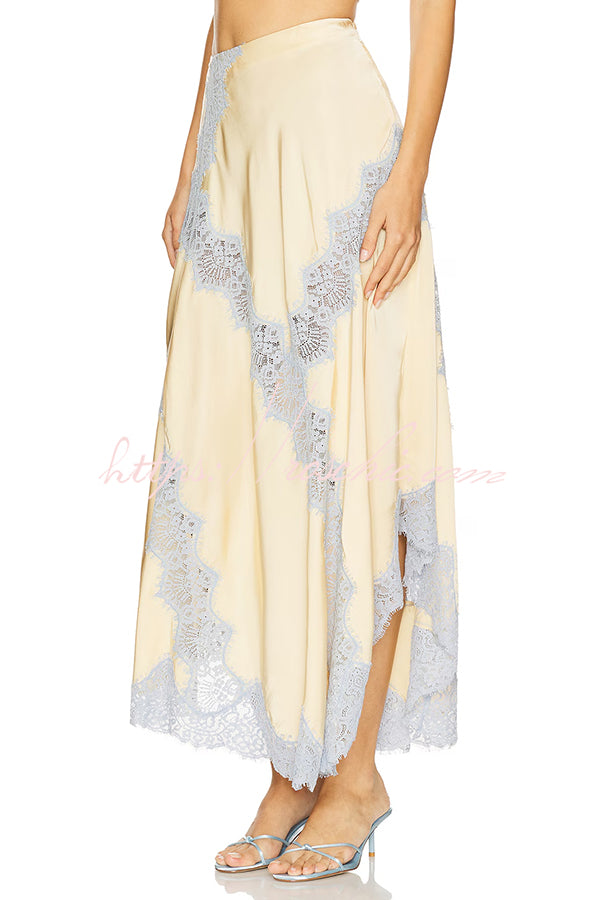 Wine Tasting Contrast Color Satin Lace Trim Irregular Hem Drape Midi Skirt